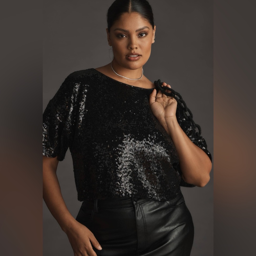 Anthropologie Cropped Short-Sleeve black Sequin Top. Size medium.